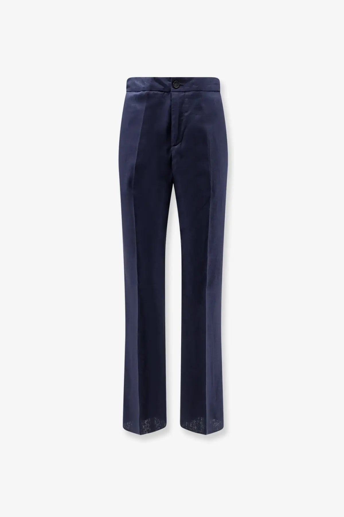 Hevò men’s navy blue tailored linen and viscose trousers with subtle sheen and delicate lace trim at the cuffs