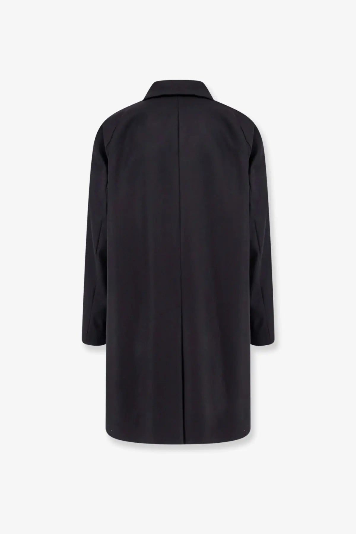 Back side of hevò men’s loco virgin wool coat in black with a sleek minimalist design and subtle vertical seam