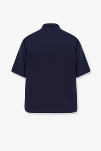 Navy blue short-sleeved button-up linen and viscose shirt by hevò with a clean minimalist design