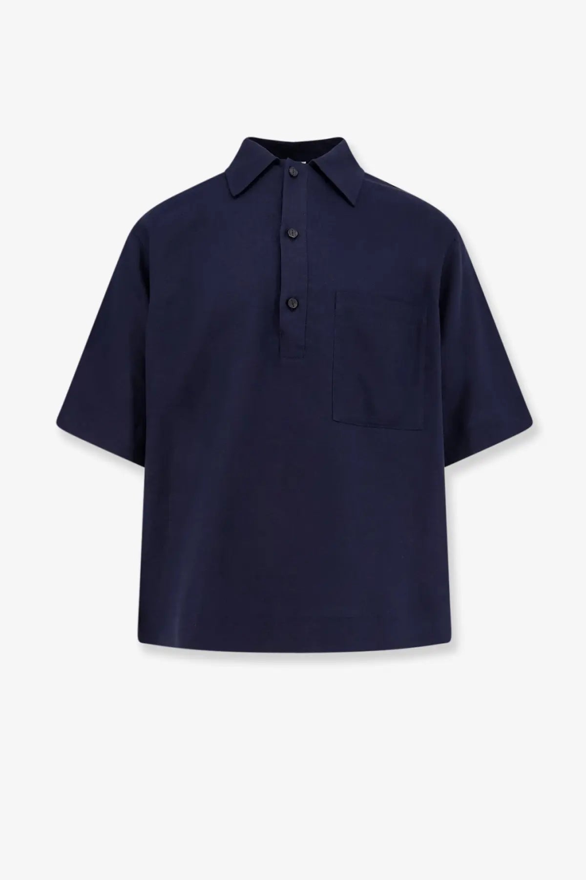 Navy blue Hevò men’s Montursi short-sleeved button-up shirt with chest pocket made of linen and viscose