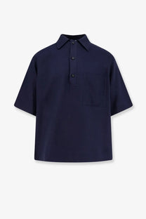 Navy blue Hevò men’s Montursi short-sleeved button-up shirt with chest pocket made of linen and viscose
