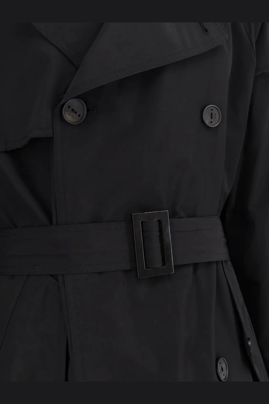 Hevò men’s motolese black nylon and cotton trench coat with matte finish silver buttons and matching belt buckle