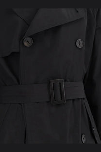 Hevò men’s motolese black nylon and cotton trench coat with matte finish silver buttons and matching belt buckle