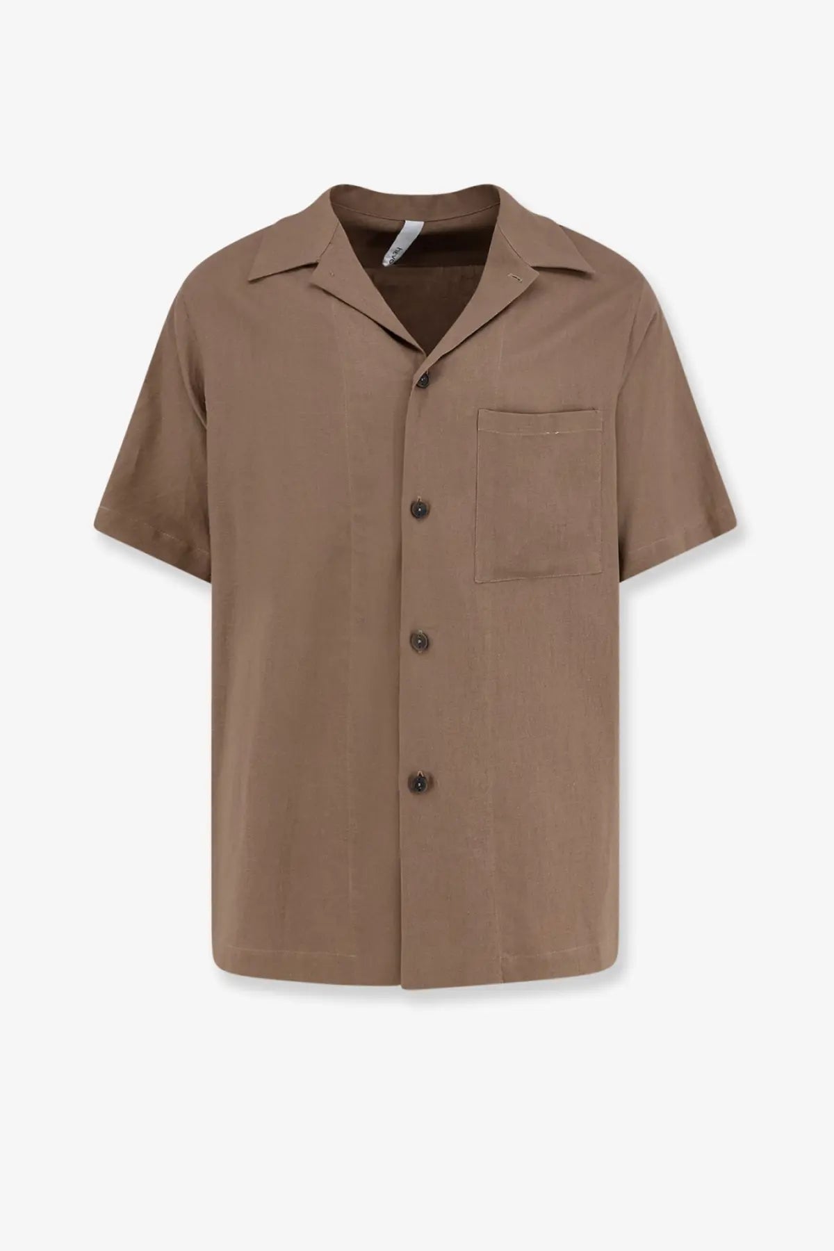Hevò men’s novoli short-sleeved button-up shirt in beige linen and viscose with collar and chest pocket