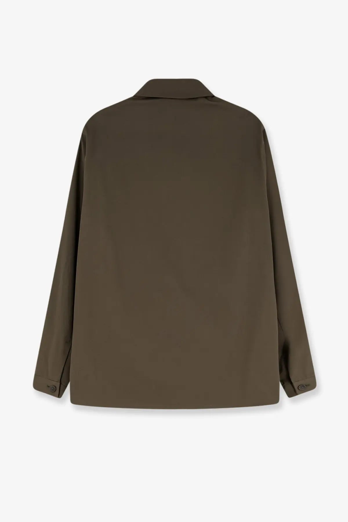 Olive green, minimalist button-up jacket with a structured collar and long sleeves.