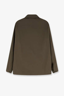 Olive green, minimalist button-up jacket with a structured collar and long sleeves.