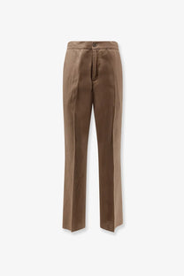 Brown cotton Hevò men’s Torre Chianca straight-leg trousers with subtle front pleats in beige linen and viscose
