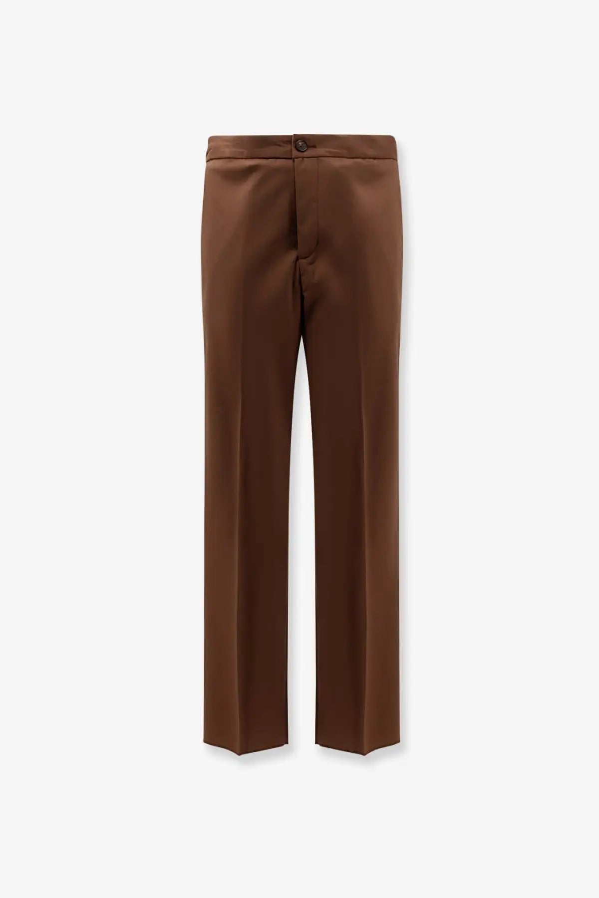 Hevò men’s torre chianca brown wool blend trousers with straight-leg cut smooth matte finish and single button waist closure