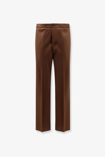 Hevò men’s torre chianca brown wool blend trousers with straight-leg cut smooth matte finish and single button waist closure