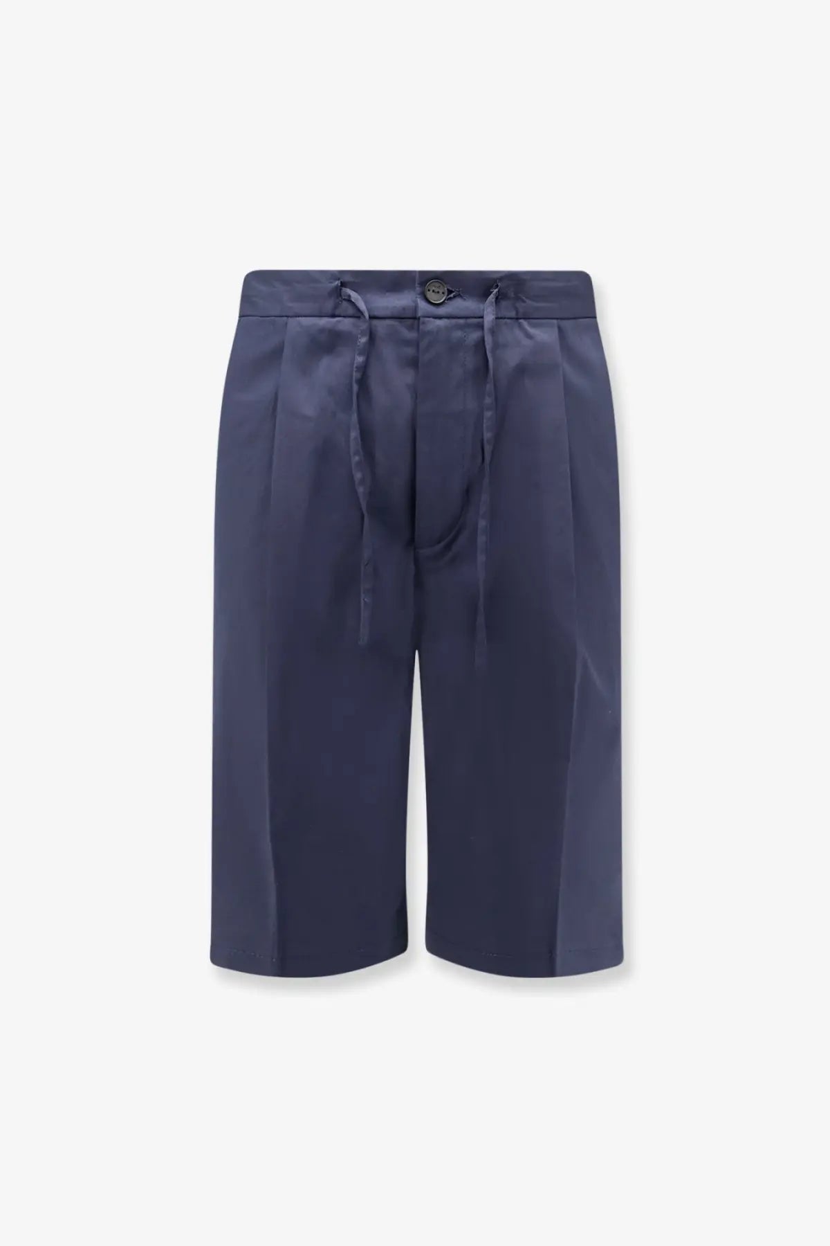 Navy blue pleated cotton shorts for men with drawstring waist and button closure by hevò