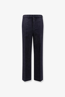 Hevò men’s torresgarrata blue denim trousers in dark navy corduroy with straight-leg cut and visible vertical ridges