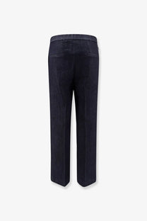 Hevo men’s torresgarrata blue denim trousers in dark blue with straight-leg cut shown from the back with rear pockets