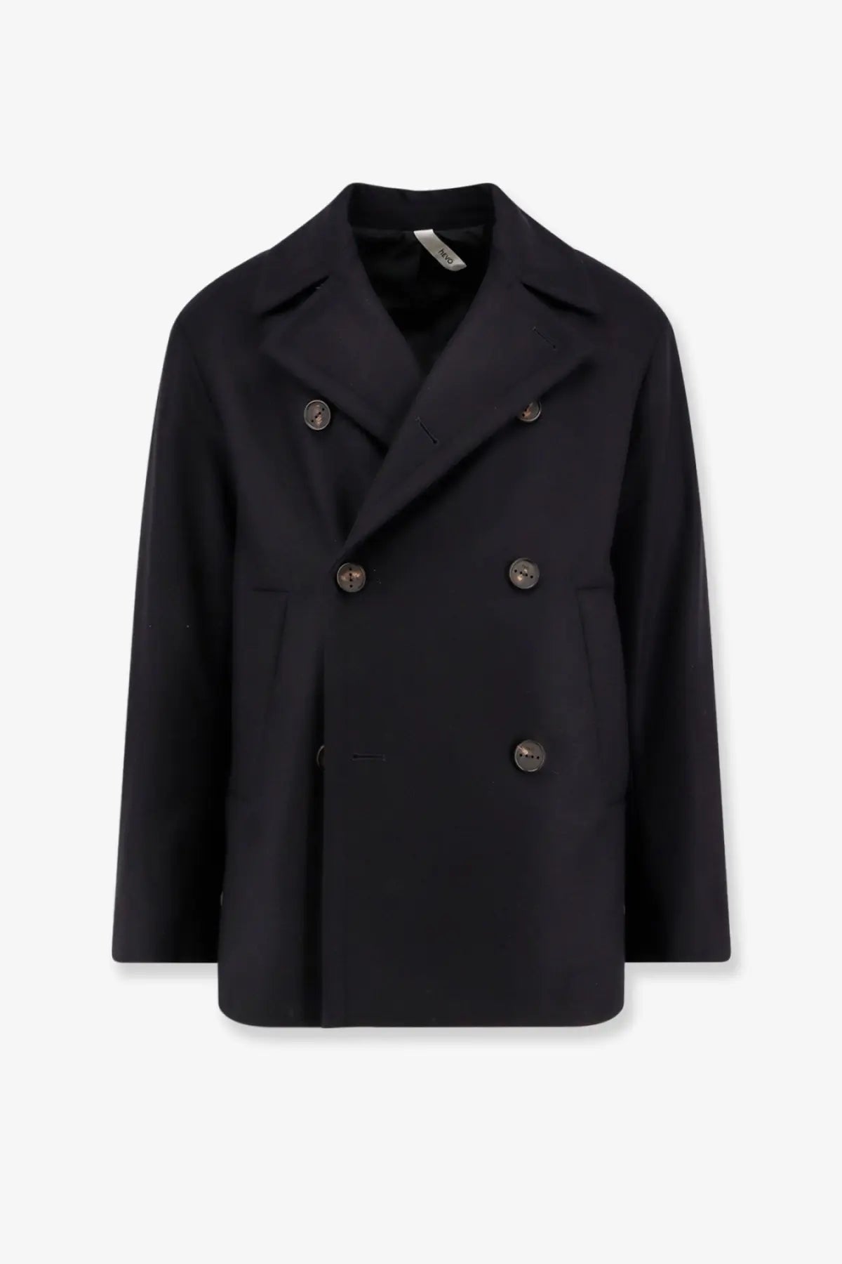 Hevò men’s trani double breasted black wool blend coat with dark metal buttons and notched lapels