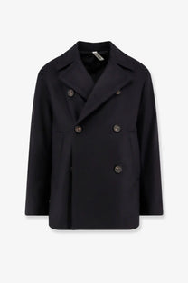 Hevò men’s trani double breasted black wool blend coat with dark metal buttons and notched lapels