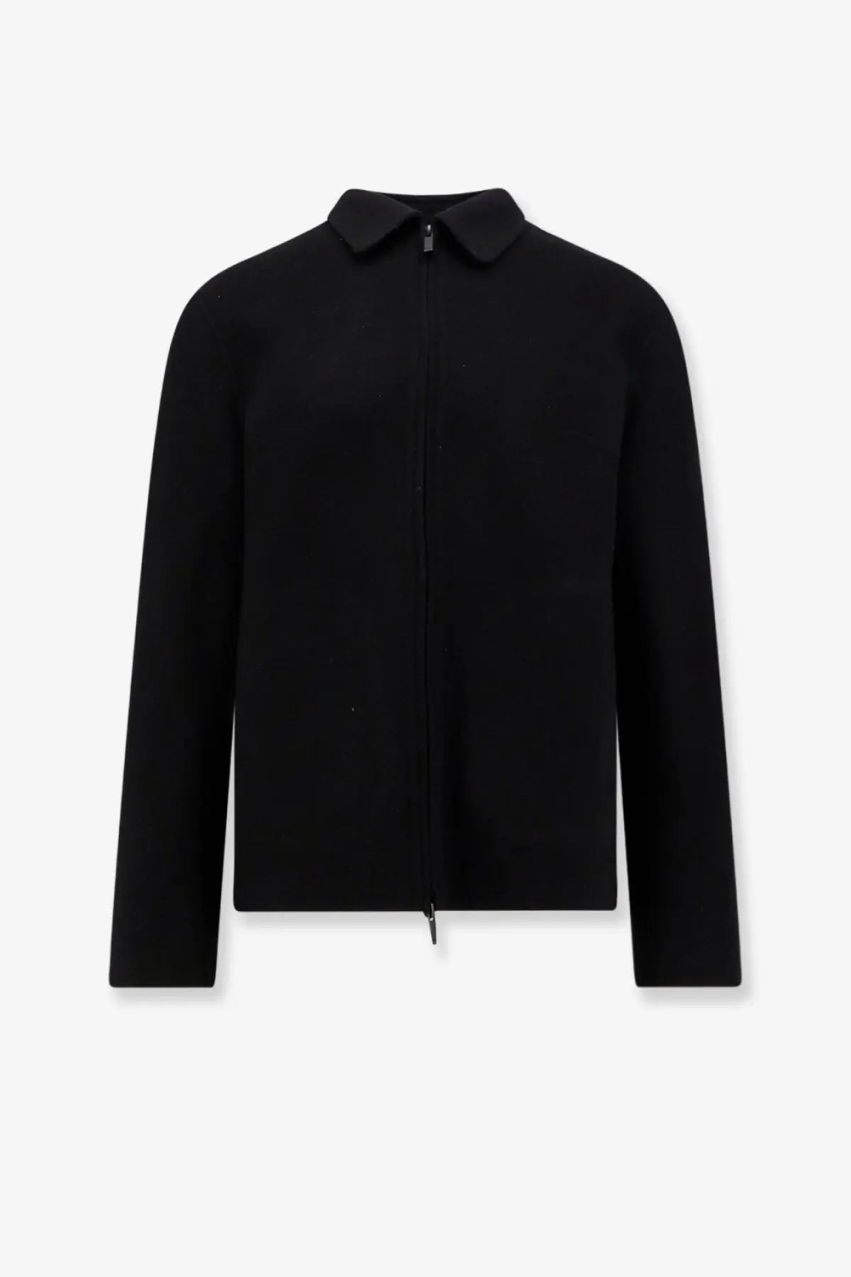 Hevò men’s verdemare black wool coat with a classic collar and sleek minimalist zip-up design