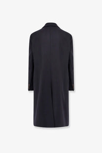 Black wool overcoat with classic double-breasted design and subtle gold-toned buttons in hevò mens virgin wool coat blue