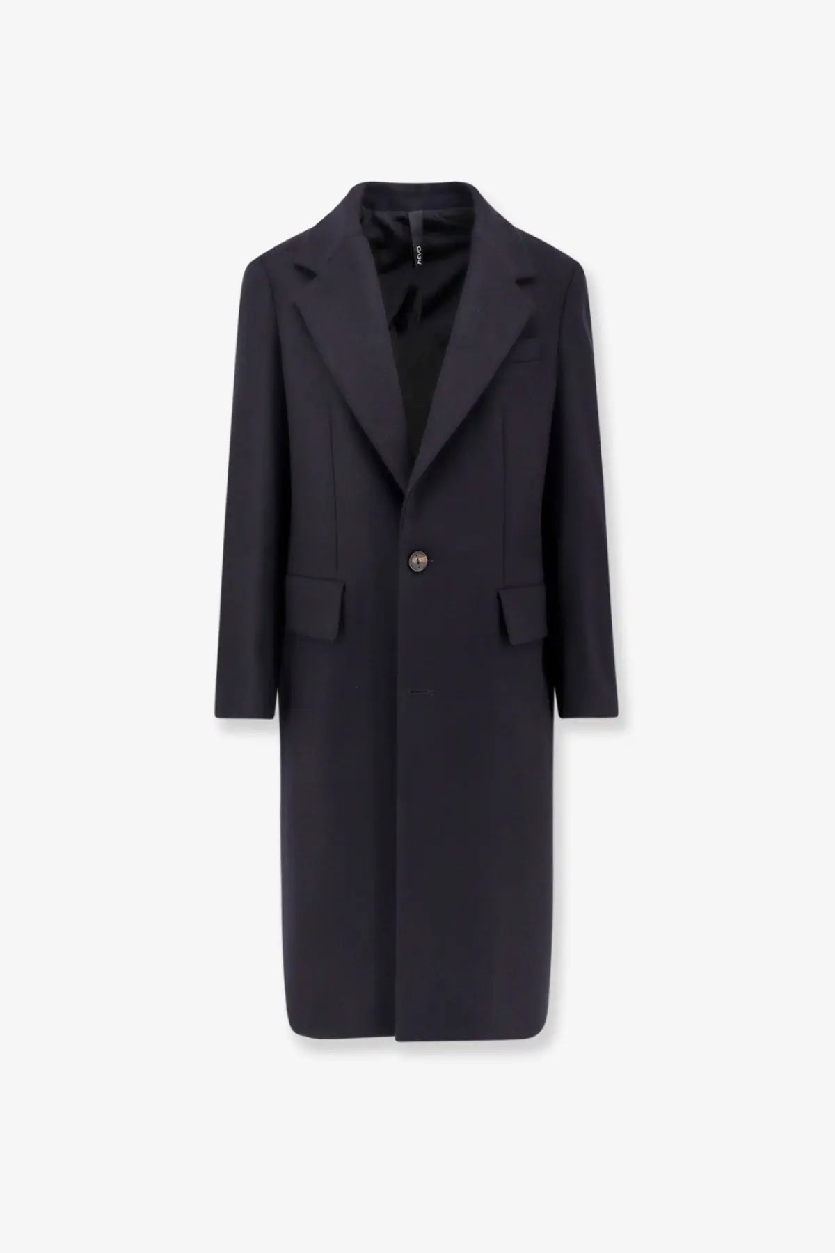 Hevò men’s virgin wool coat in black with notched lapels and single button closure for stylish warmth