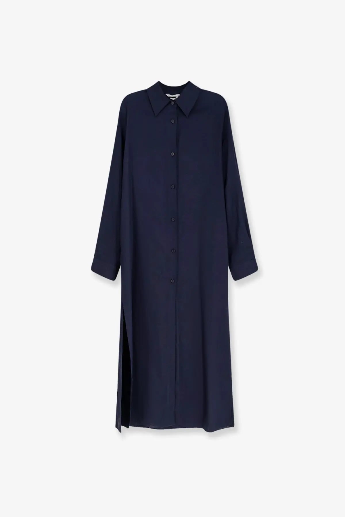 Hevò women’s arigliano navy blue linen and viscose long-sleeved button-down dress with classic collar and side slit