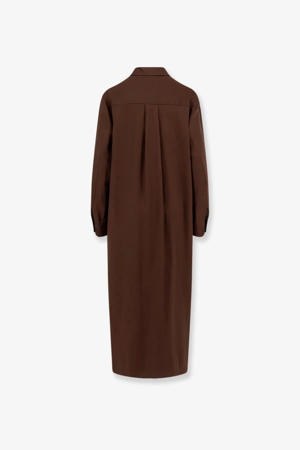 Back view of hevò womens arigliano brown linen and viscose chemisier dress with classic collar and subtle pleats