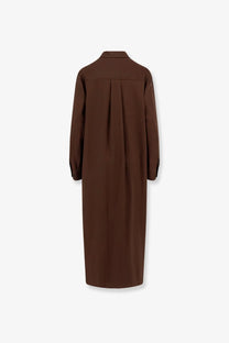 Back view of hevò womens arigliano brown linen and viscose chemisier dress with classic collar and subtle pleats