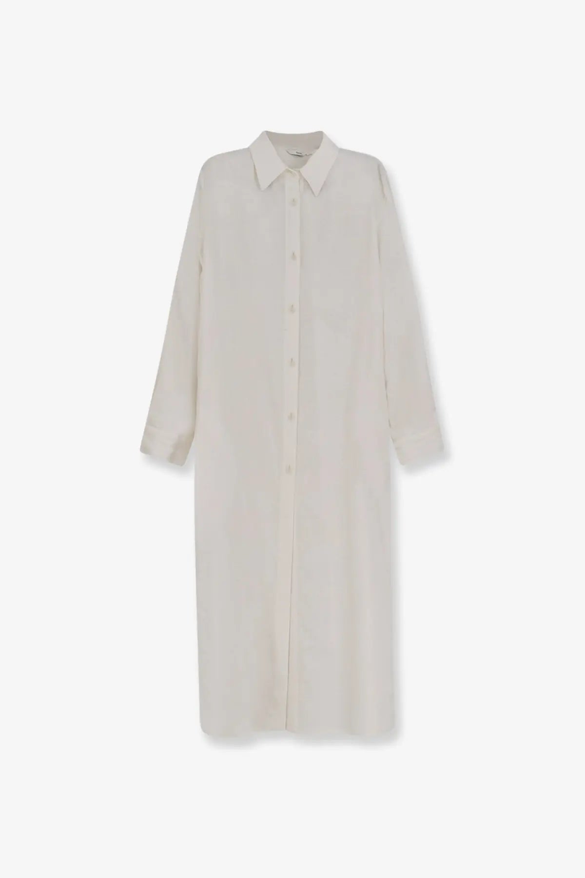 Hevò women’s Arigliano off-white linen and viscose long-sleeved button-down dress with classic collar and straight hem
