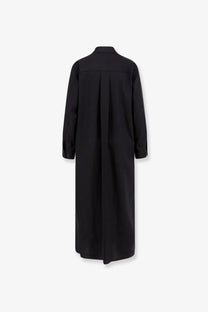 Back view of hevò womens arigliano black viscose and linen long-sleeved shirt dress with collar and pleated back