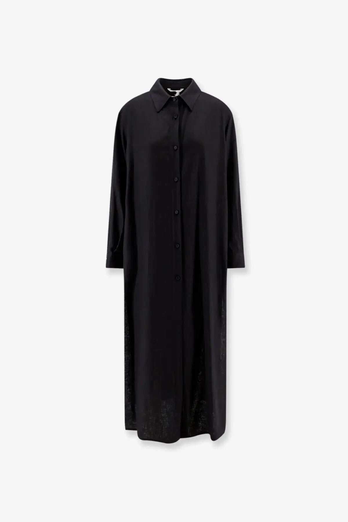 Hevò women’s Arigliano black long-sleeved viscose and linen chemisier dress with textured hem pattern