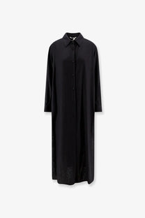 Hevò women’s Arigliano black long-sleeved viscose and linen chemisier dress with textured hem pattern