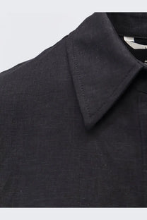 Black linen shirt collar with neat stitching and subtle texture on hevò womens arigliano viscose linen chemisier dress