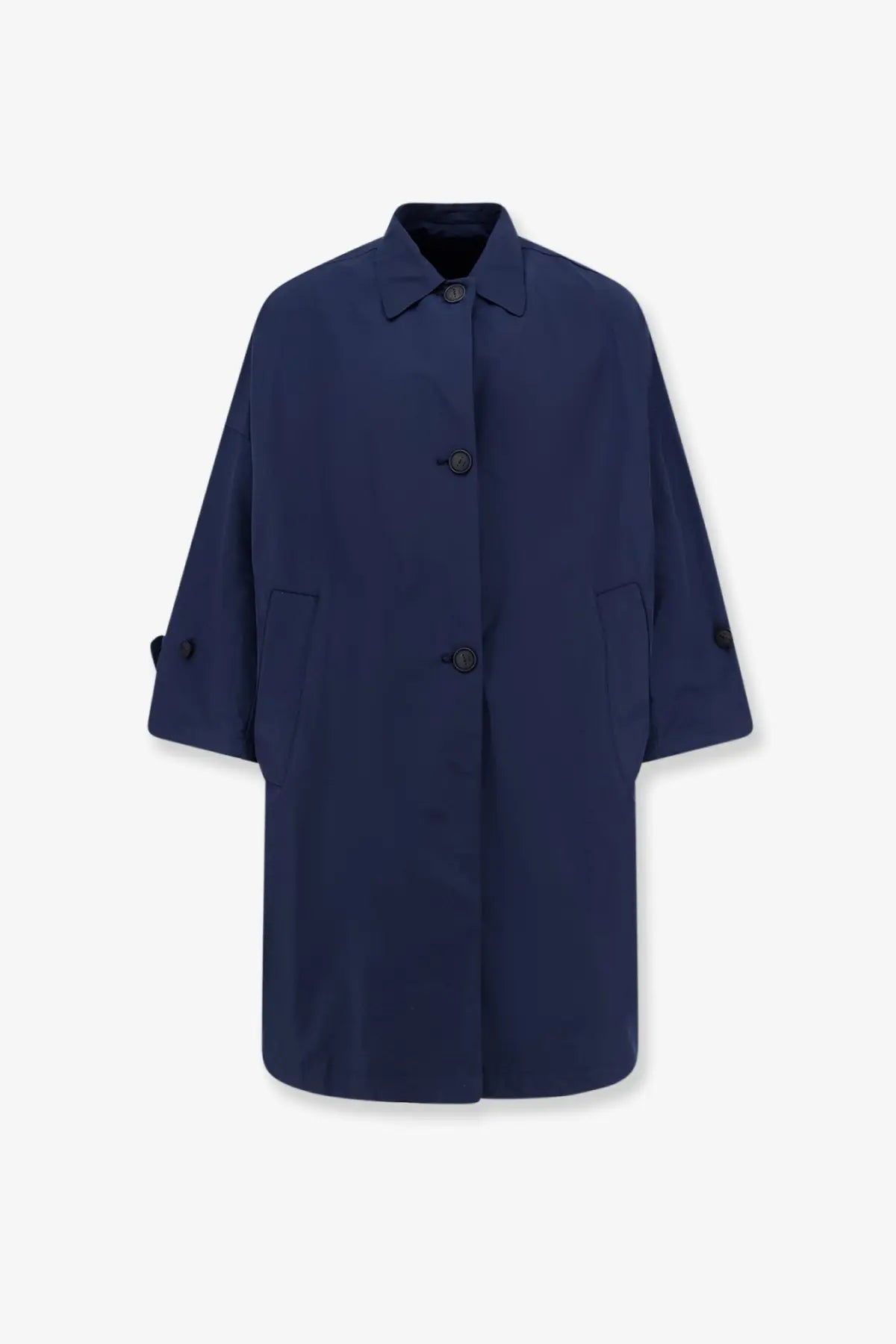 Hevò women’s cala paradiso navy blue cotton blend trench coat with black buttons and rolled-up sleeves