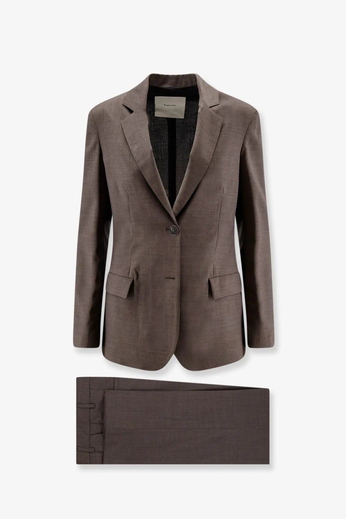 Hevò women’s frigole beige virgin sheeps wool suit with tailored brown blazer and matching textured trousers