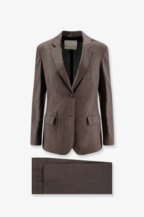 Hevò women’s frigole beige virgin sheeps wool suit with tailored brown blazer and matching textured trousers
