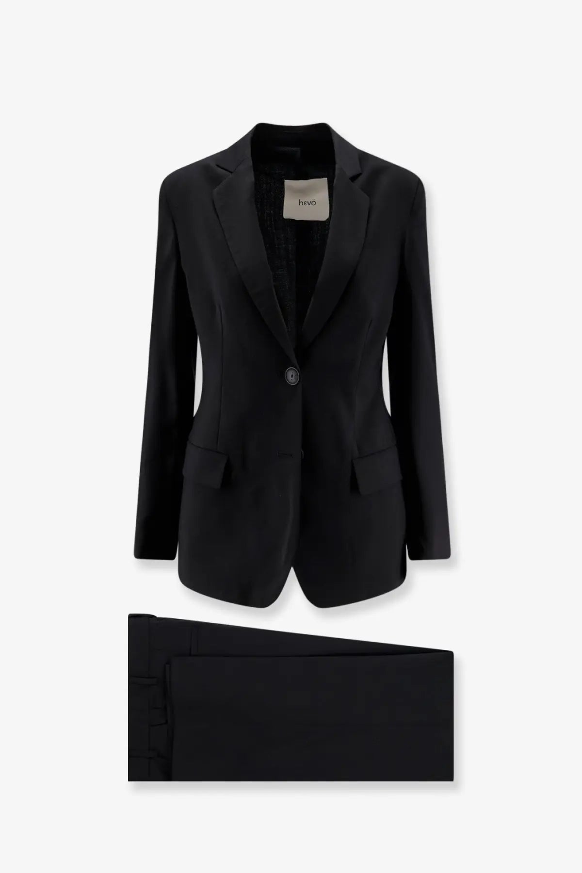 Black tailored blazer with single button closure and structured lapels in sheeps wool from hevò womens frigole suit