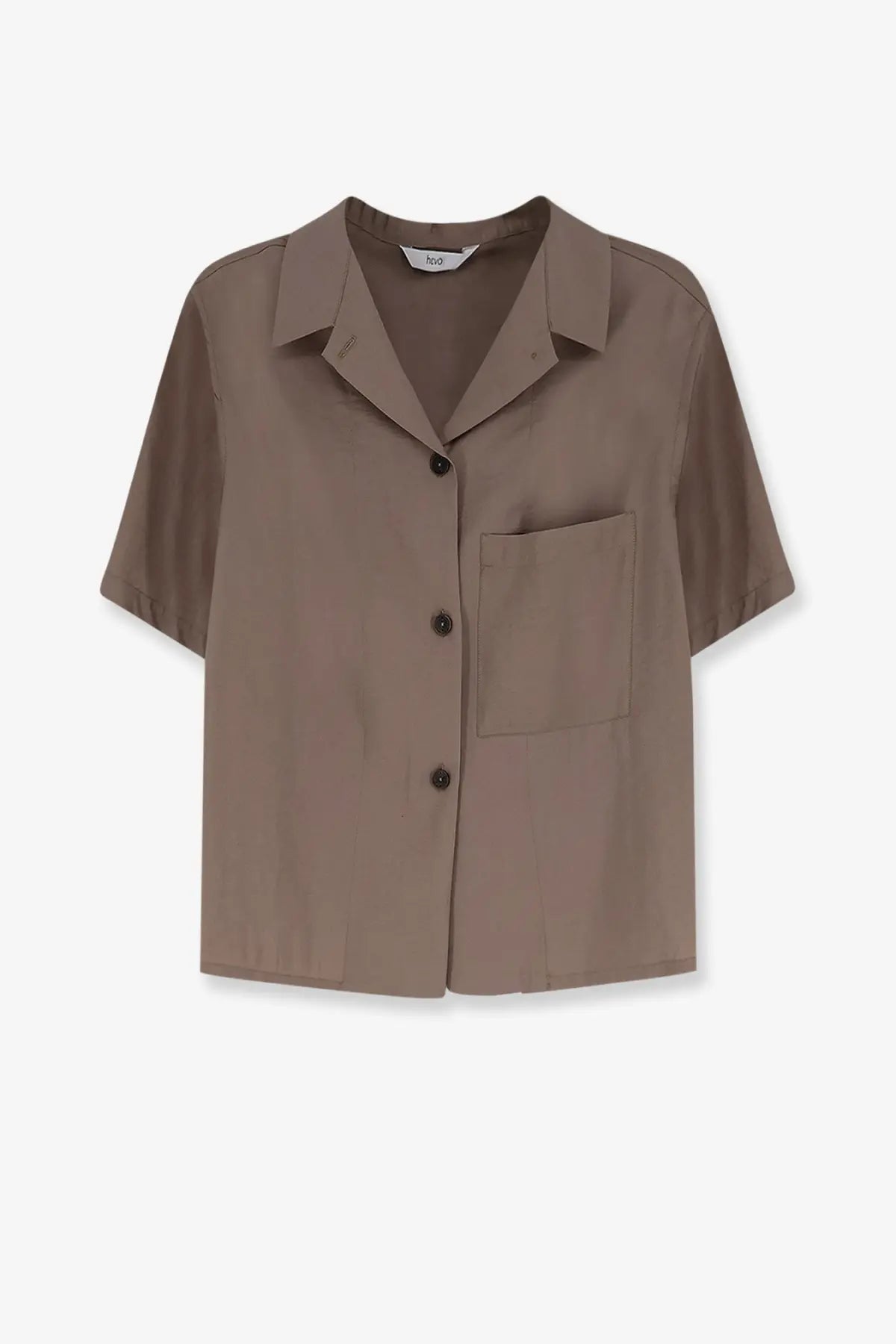 Hevò women’s beige taupe short-sleeved modal blend shirt with collar chest pocket and button-up front