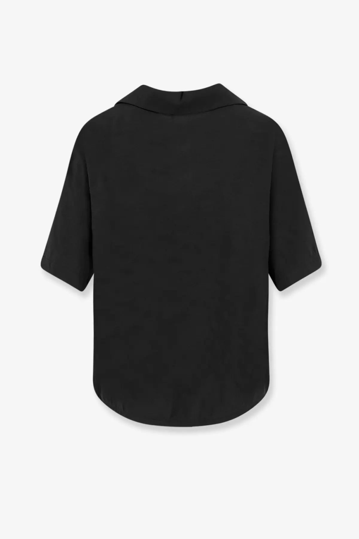 Hevò women’s novoli black short-sleeved modal blend shirt with collar and curved hem displayed from front