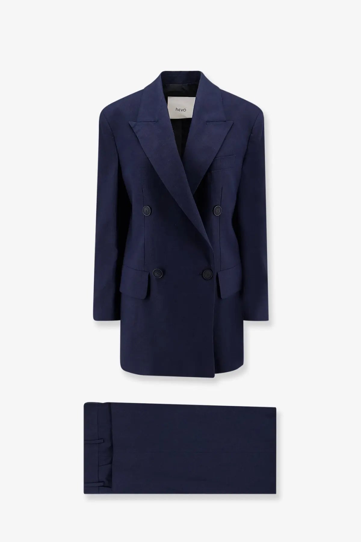 Navy blue double-breasted blazer with black buttons and matching trousers in linen and viscose by Revo