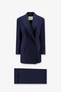 Navy blue double-breasted blazer with black buttons and matching trousers in linen and viscose by Revo