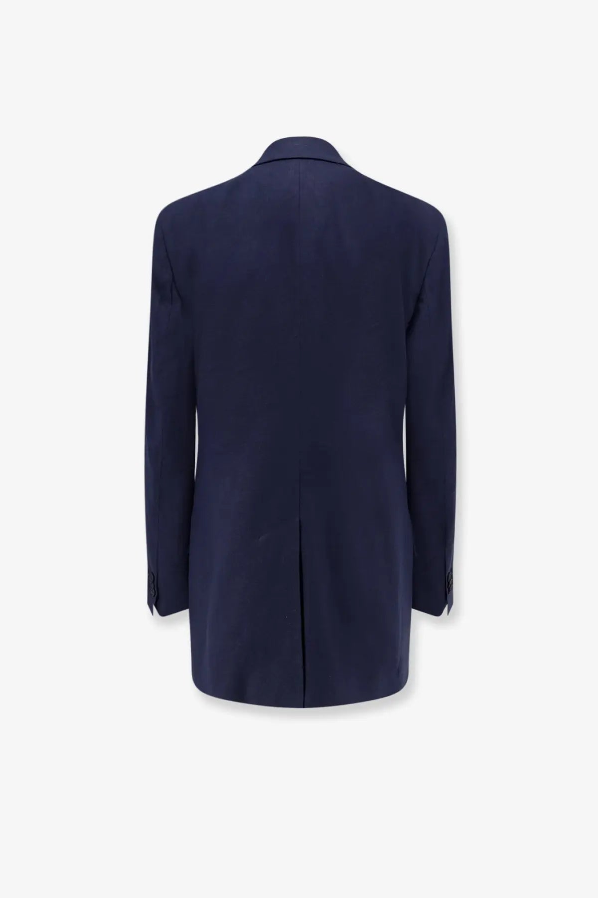 Navy blue tailored blazer with sleek structured silhouette and subtle seam detailing from hevò rocchetta linen and viscose suit