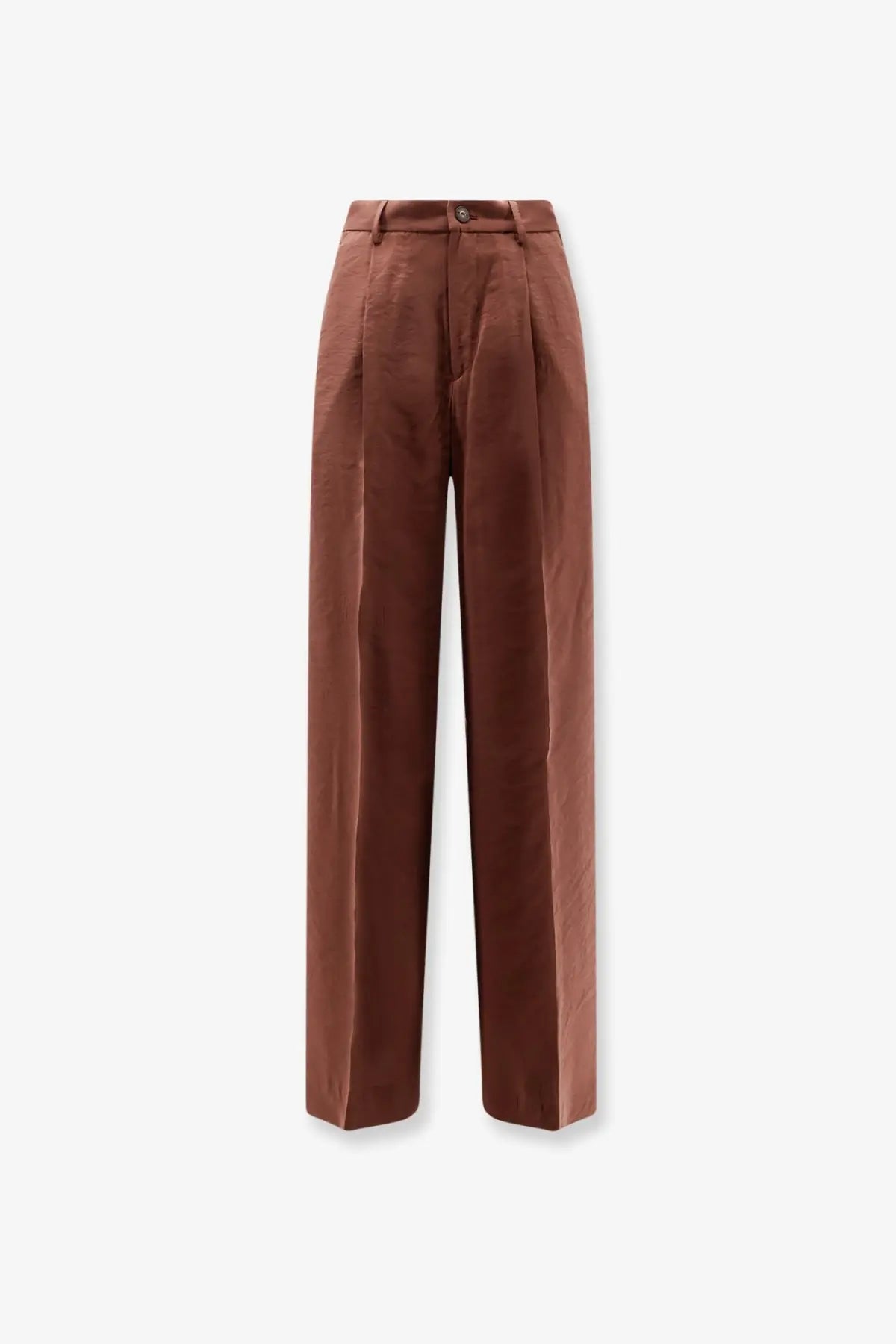 Hevò women’s torreveneri brown pleated wide-leg trousers in modal and polyester with smooth glossy fabric and button waist closure