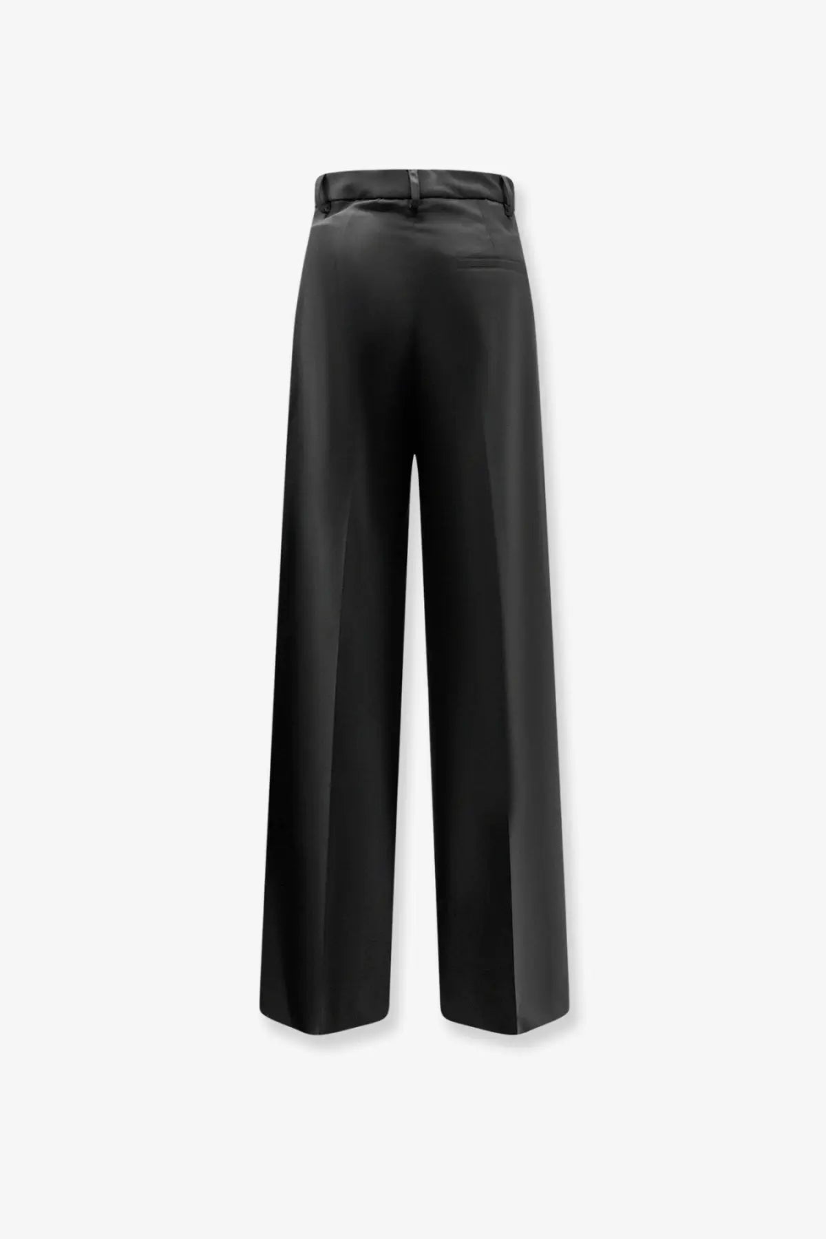 Black satin wide-leg trousers with sleek high-waisted design and subtle creasing from Hevò women’s wool blend collection