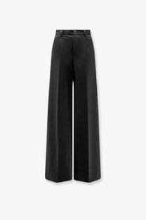 Hevò women’s torreveneri black wool blend trousers with high waist button closure and wide-leg satin design
