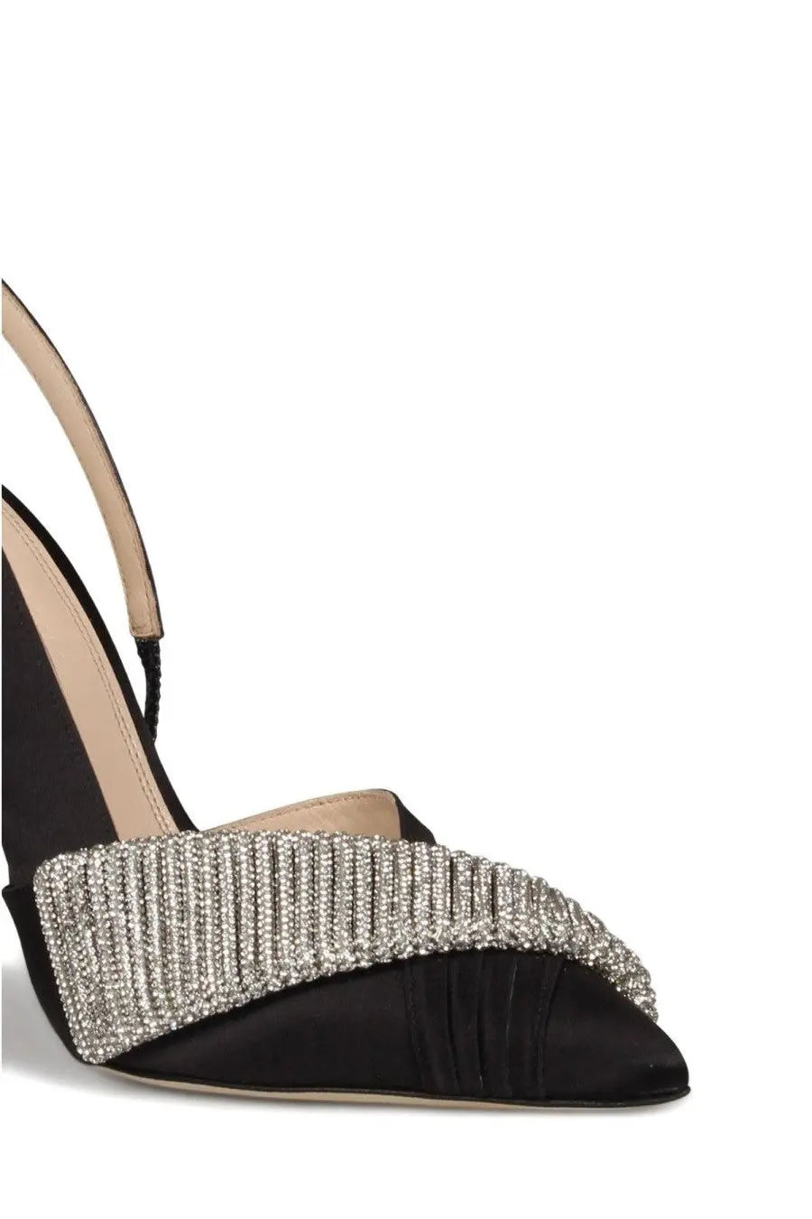 Black satin slingback pump hibourama women’s écolleté slingback infinite black with silver crystal strap and vertical ridges