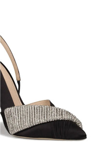 Black satin slingback pump hibourama women’s écolleté slingback infinite black with silver crystal strap and vertical ridges