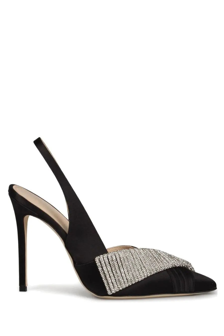 Hibourama womens écolleté slingback infinite black black satin pump with sparkling silver crystal embellishment across toe