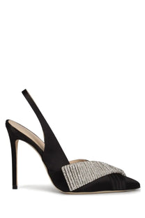 Hibourama womens écolleté slingback infinite black black satin pump with sparkling silver crystal embellishment across toe