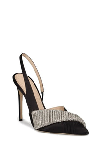 Hibourama women’s écolleté slingback infinite black satin pump with sparkling silver crystal-embellished toe strap