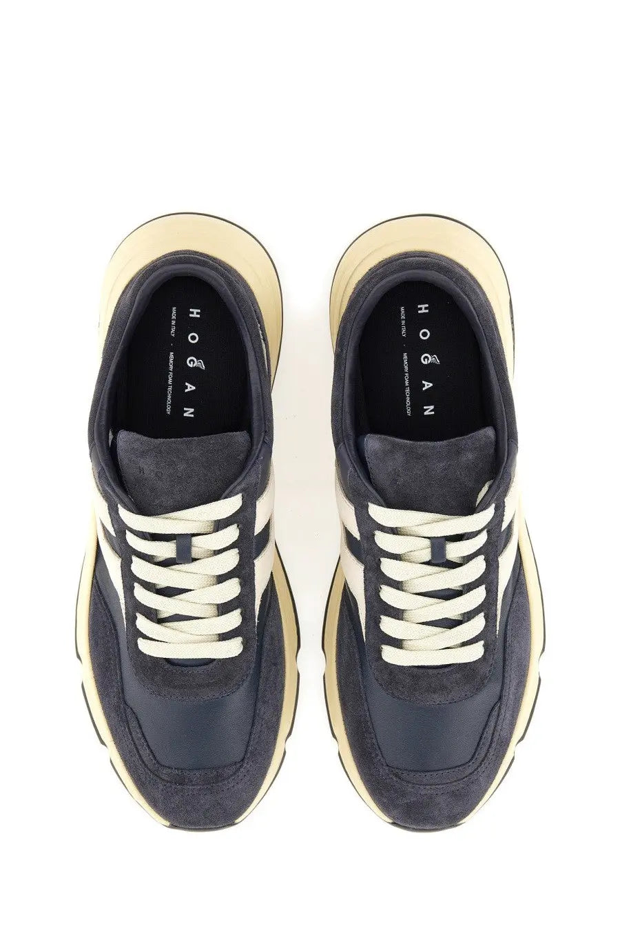Hogan men’s hyperlight sneaker blue with dark blue suede and canvas, cream laces, and chunky off-white sole