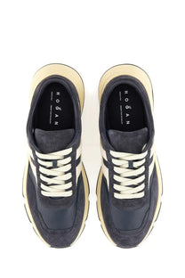 Hogan men’s hyperlight sneaker blue with dark blue suede and canvas, cream laces, and chunky off-white sole