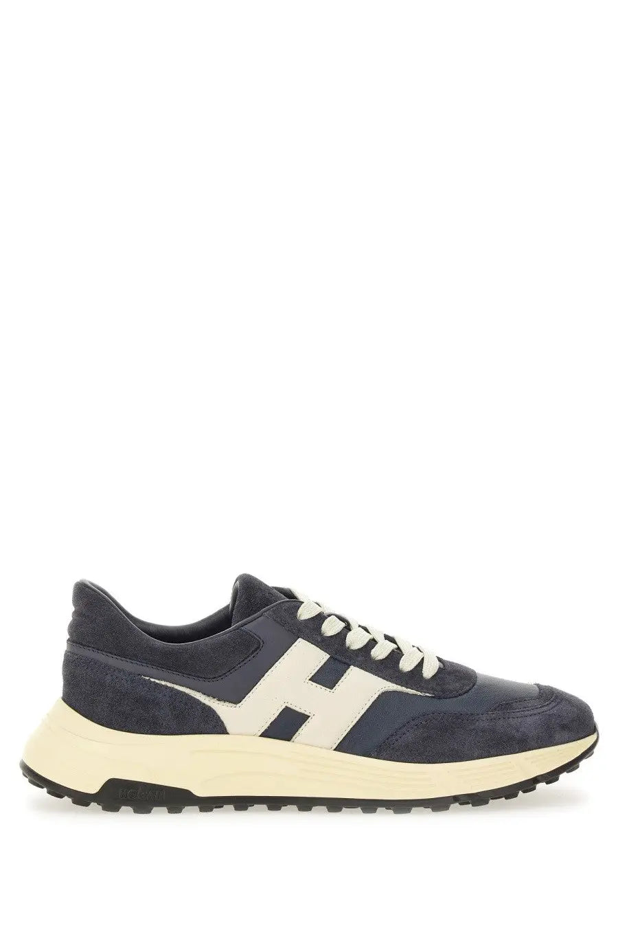 Navy suede and canvas low-top sneaker with cream laces and white h logo featuring Hogan men’s hyperlight design