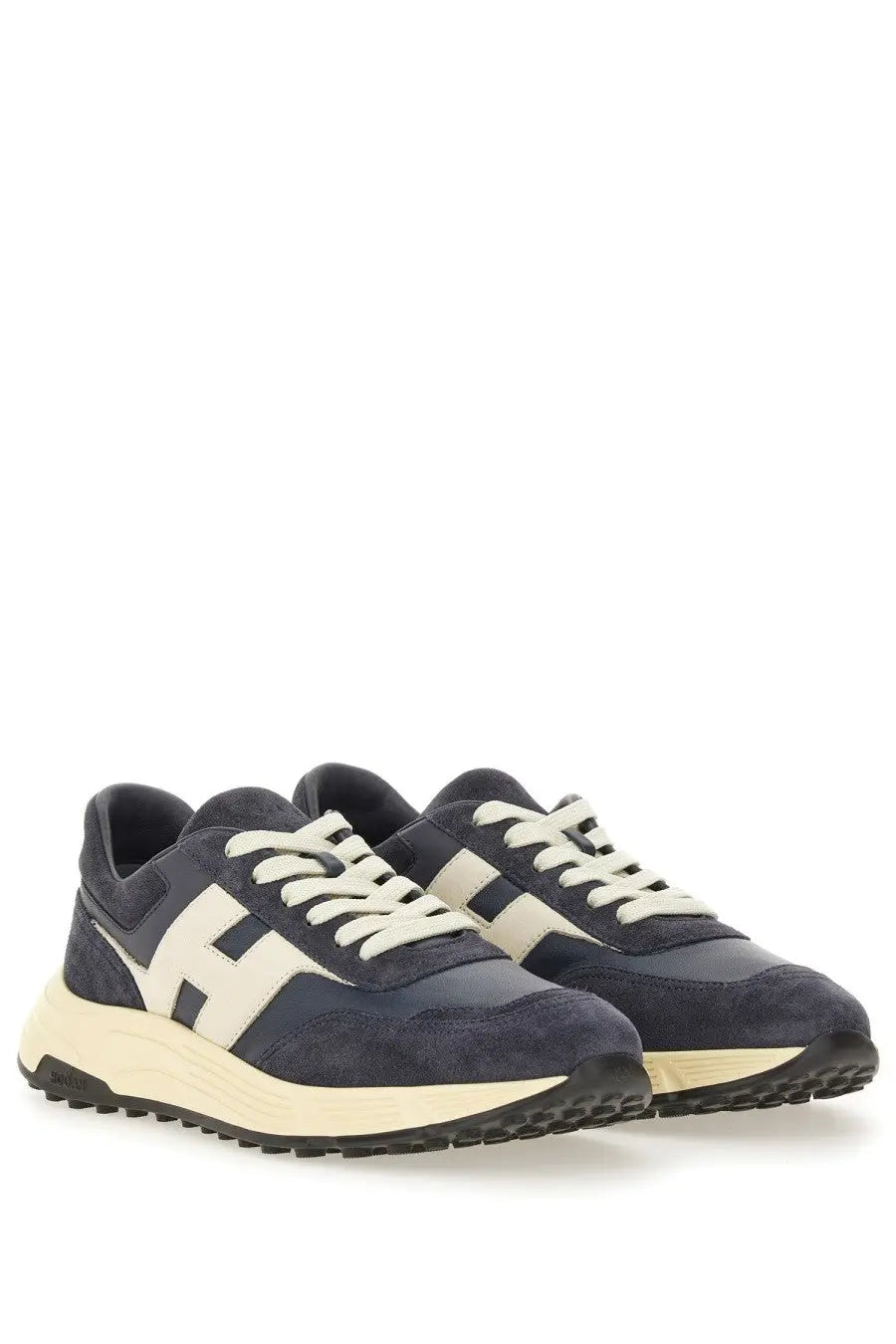 Hogan men’s Hyperlight sneaker navy blue suede and leather with cream laces and bold white h logo on the side